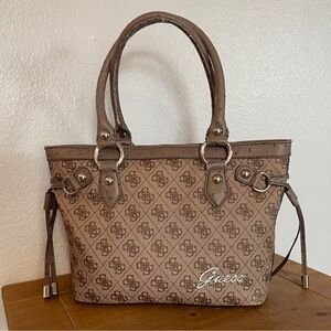 Vintage 2002 Guess Tan Monogram Satchel Tote Bag w/ faux Ostrich Leather Detail